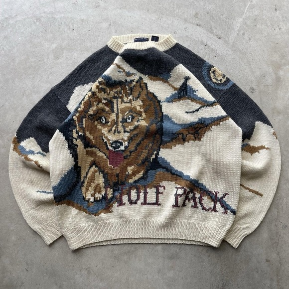 Willis & Geiger Other - Vintage Willis & Geiger HandKnit Sweater Wool Wolf Animal AOP Coastal Mens L